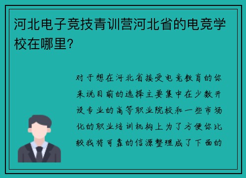河北电子竞技青训营河北省的电竞学校在哪里？